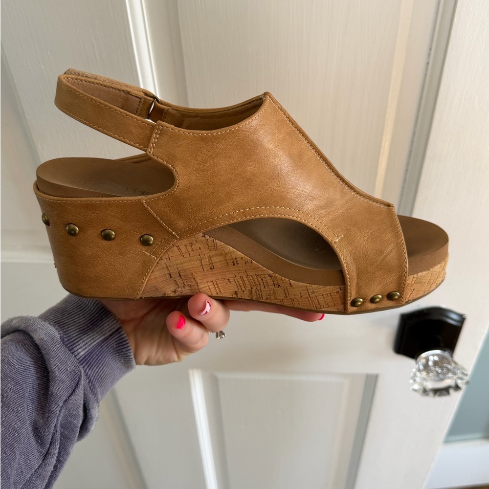 Elegant Tan Leather Mules with Cork Wedge